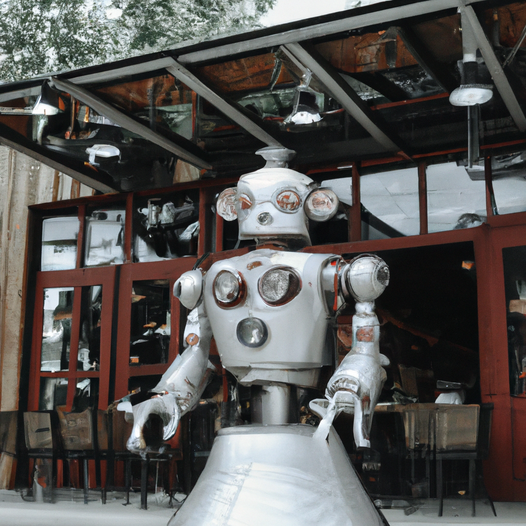 steampunk architecture, exterior view, award-winning architectural photography from magazine, trees, theater talk to a robot in a coffee shop